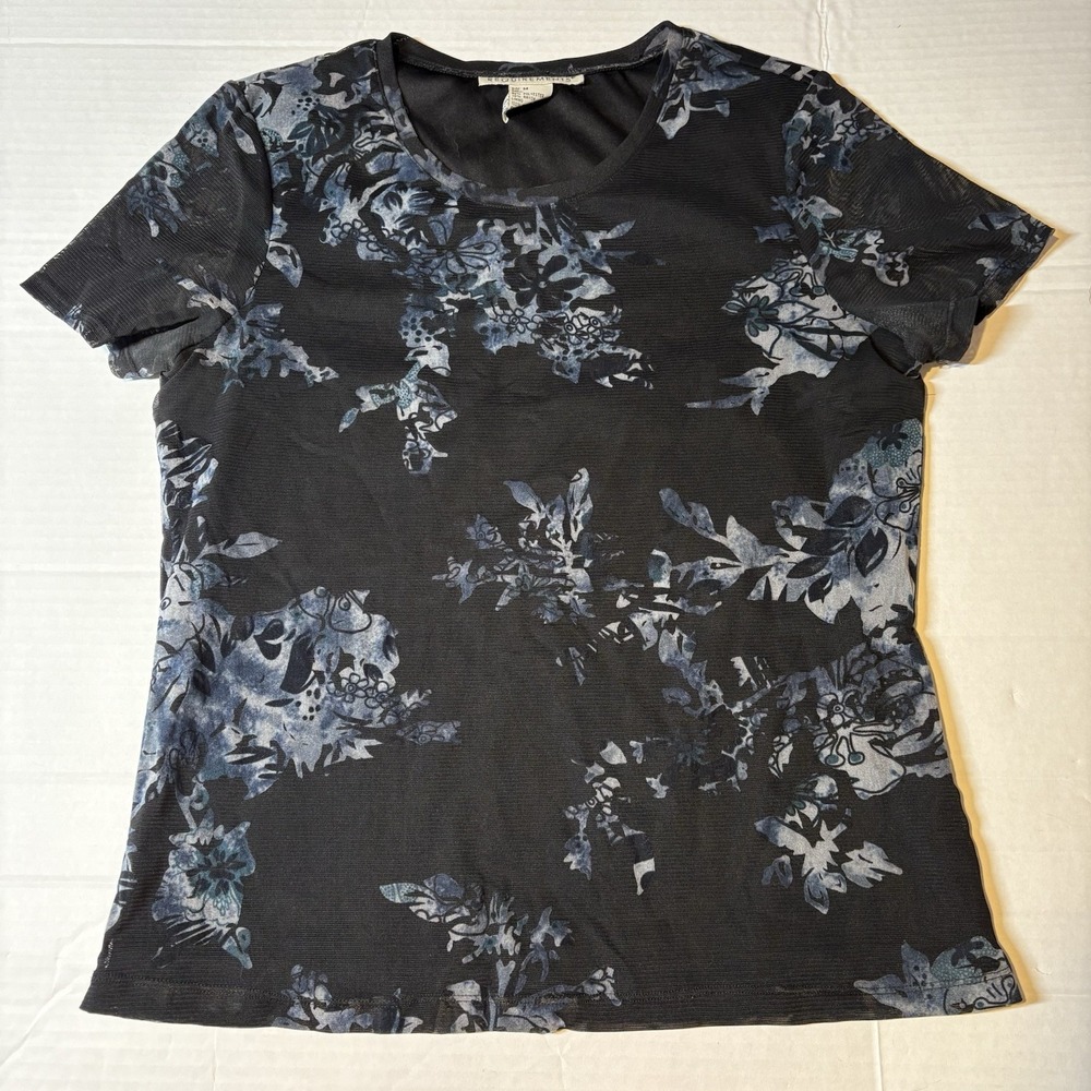 Requirements Black Blue Floral Asian Mesh Top Vtg Y2K Sz M A2623